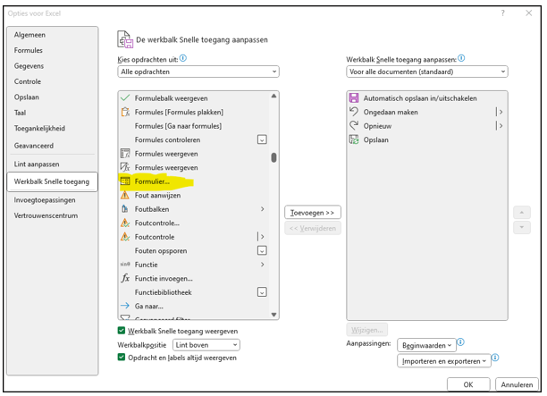 excel formulier maken